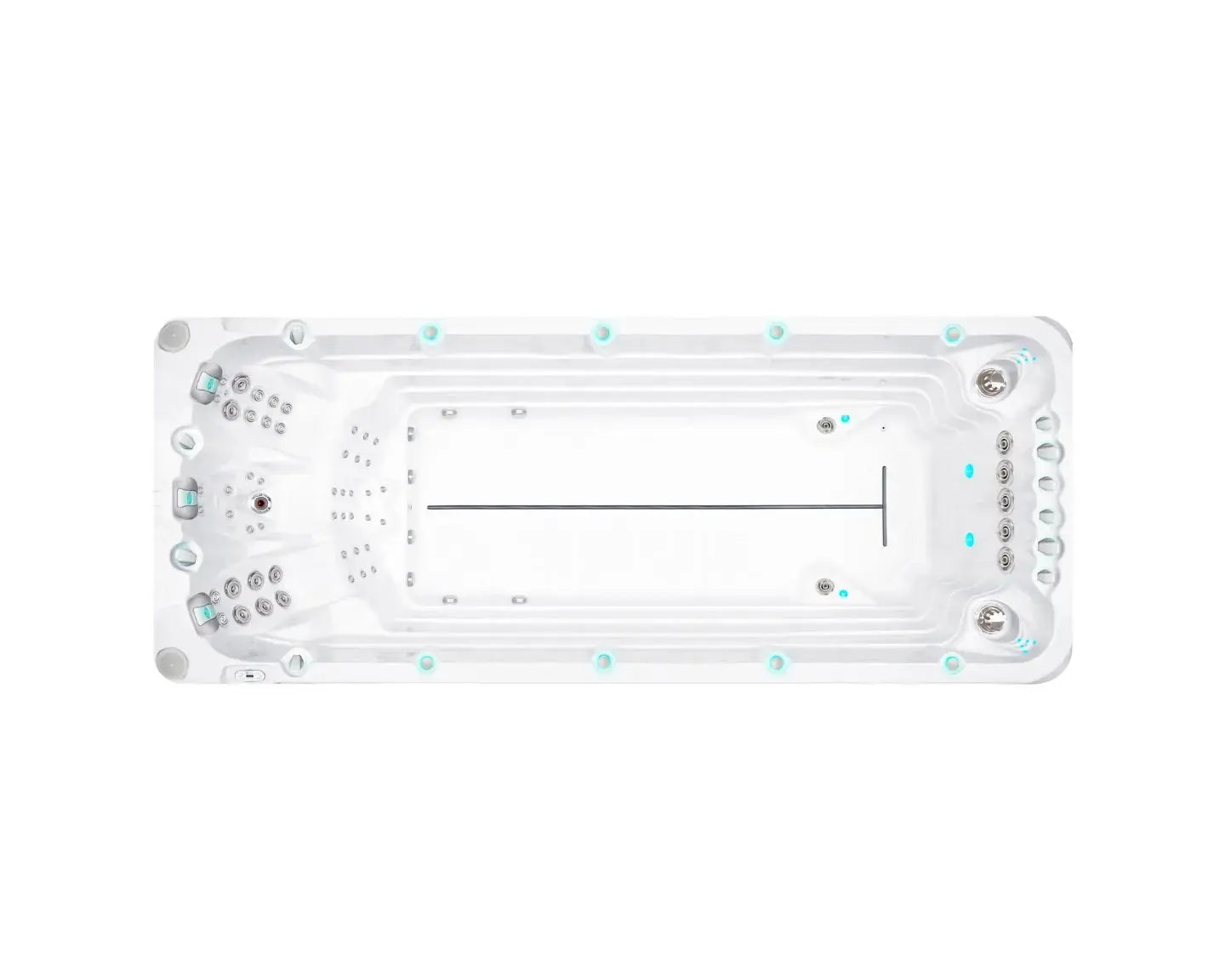 Witte zwemspa met zitplaatsen en jets, modern ontwerp voor jacuzzi buitengebruik, swimspa ideal voor sport en ontspanning,.