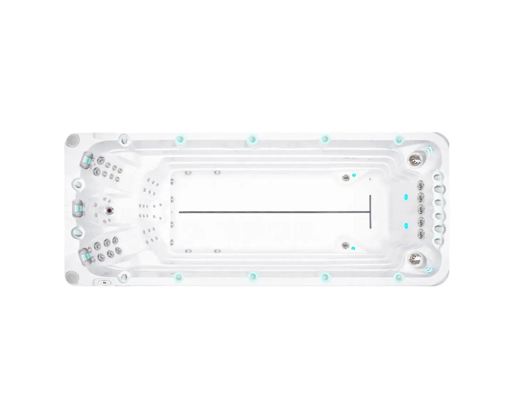 Witte zwemspa met geïntegreerde jets en zithoeken, ideale jacuzzi buiten voor zwemmen en ontspanning, perfect voor swimspa.