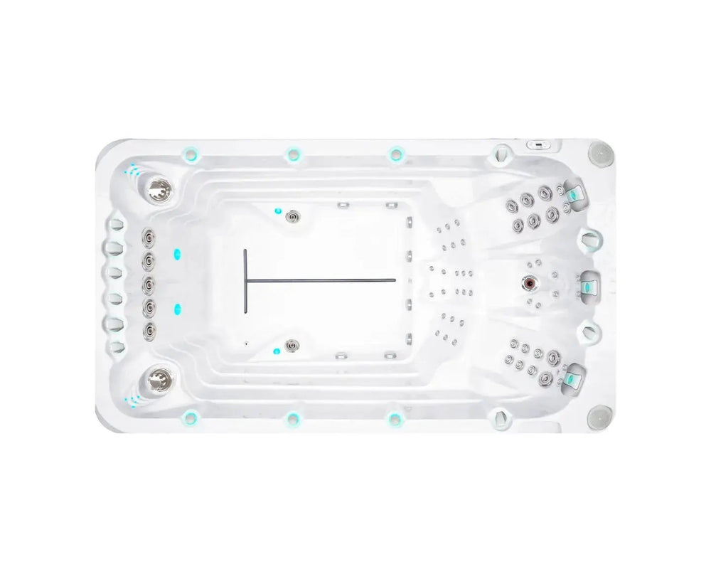 Witte zwemspa met meerdere jets en zitplaatsen, ideale jacuzzi buiten voor sport en ontspanning, swimspa voor zwemmen en.