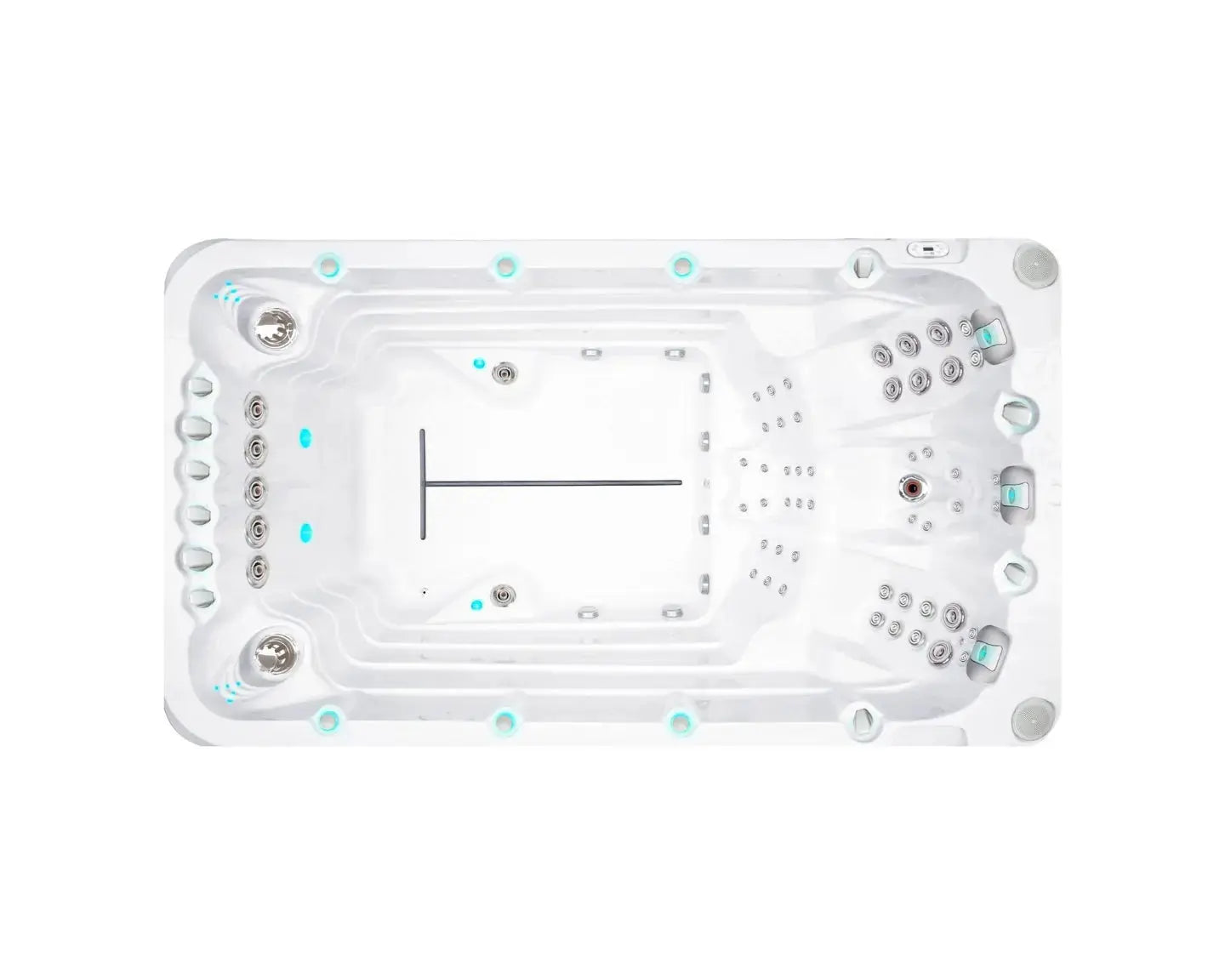 Witte zwemspa met meerdere jets en zitplaatsen, ideale jacuzzi buiten voor sport en ontspanning, swimspa voor zwemmen en.