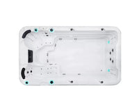 Witte zwemspa met stromingszones en zitplaatsen, moderne jacuzzi buiten voor sport en ontspanning.;;Witte zwemspa met zitplaatsen, straalmassages en compacte swimspa functies, ideaal als jacuzzi buiten.;