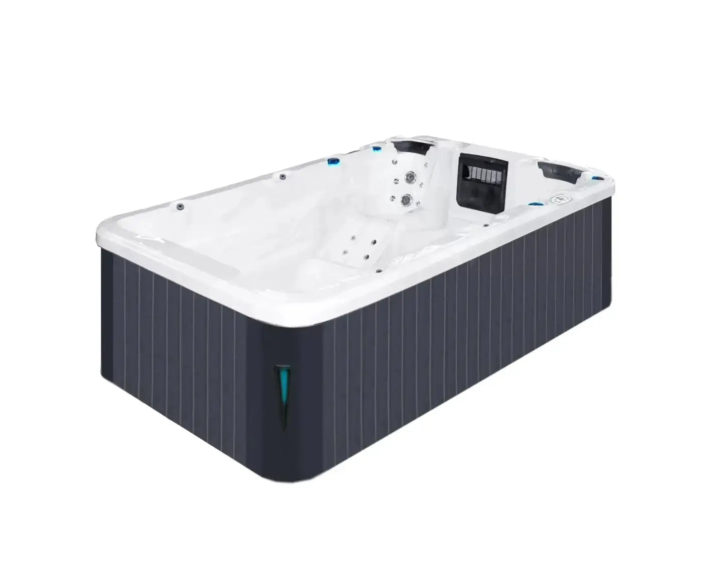 Witte zwemspa met stromingszones en zitplaatsen, moderne jacuzzi buiten voor sport en ontspanning.;;Witte zwemspa met zitplaatsen, straalmassages en compacte swimspa functies, ideaal als jacuzzi buiten.;