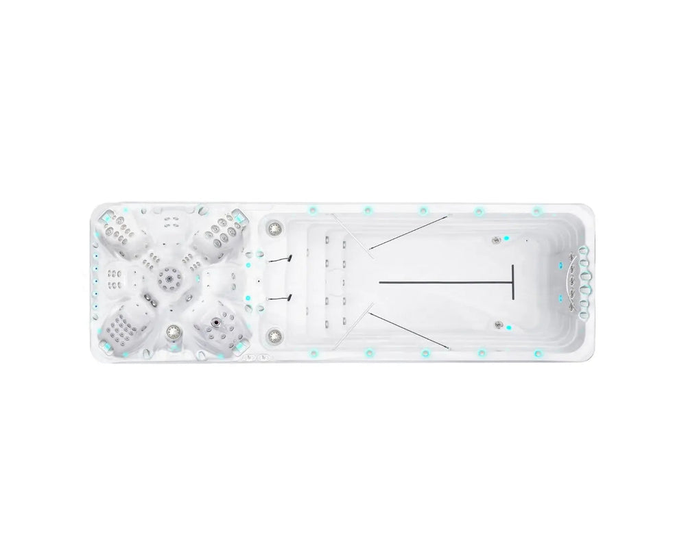 Witte zwemspa Vitality Deep met geïntegreerde jacuzzi buiten en zwemgedeelte, perfect voor jacuzzi kopen en swimspa.