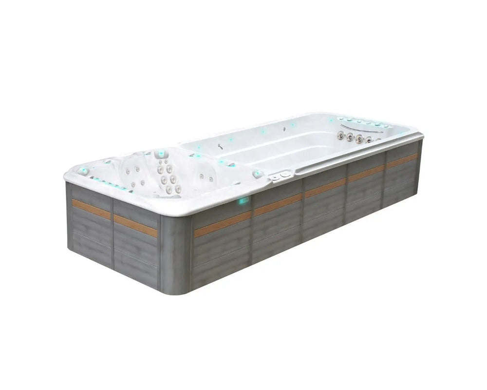 Moderne witte zwemspa met houten buitenkant, perfect voor jacuzzi buiten en swimspa ontspanning.