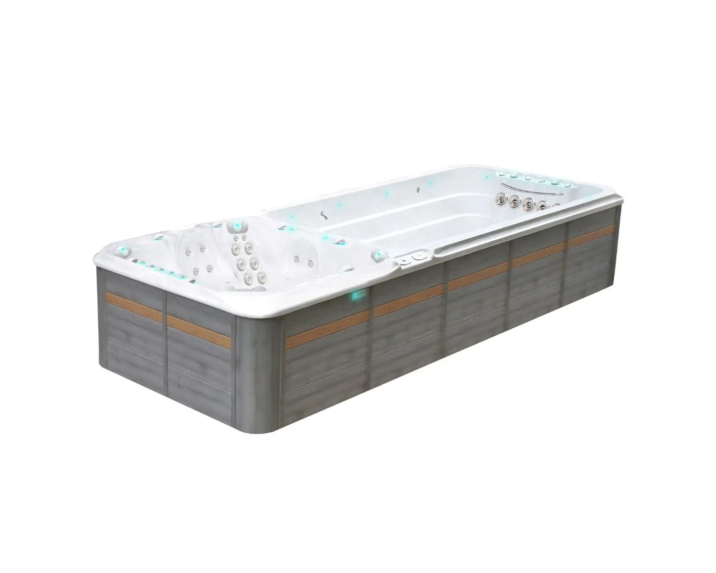 Moderne witte zwemspa met houten buitenkant, perfect voor jacuzzi buiten en swimspa ontspanning.