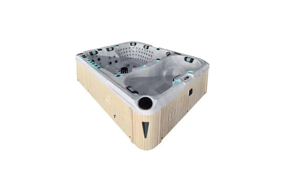 Moderne beige jacuzzi buiten met meerdere zitplaatsen en ingebouwde jets voor swimspa en jacuzzi kopen.
